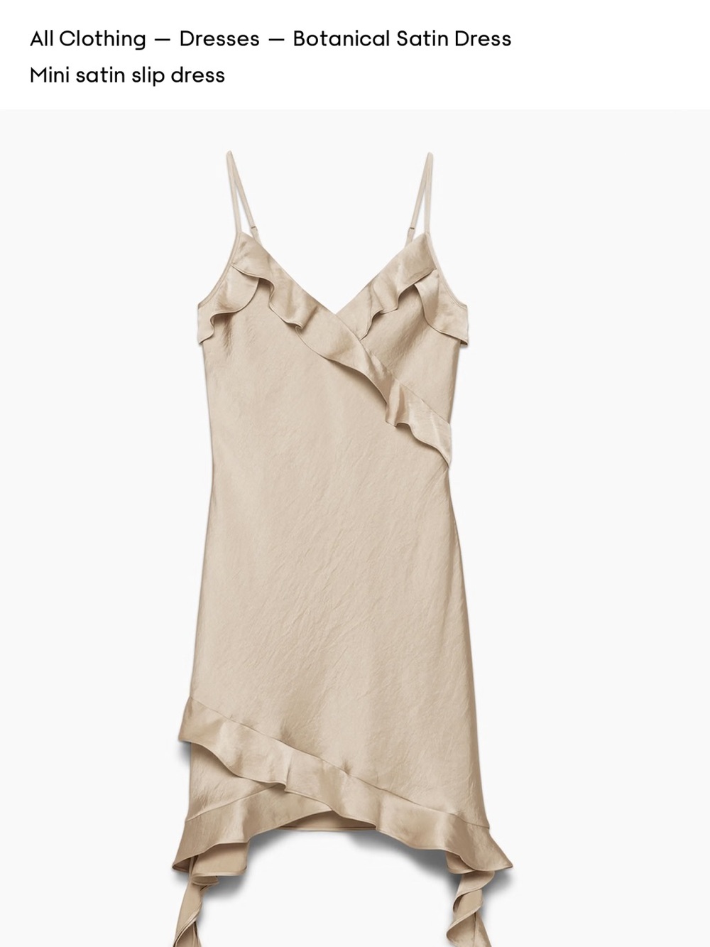 Aritzia Mini Satin Slip Dress in Light Beige with Ruffle Trim
